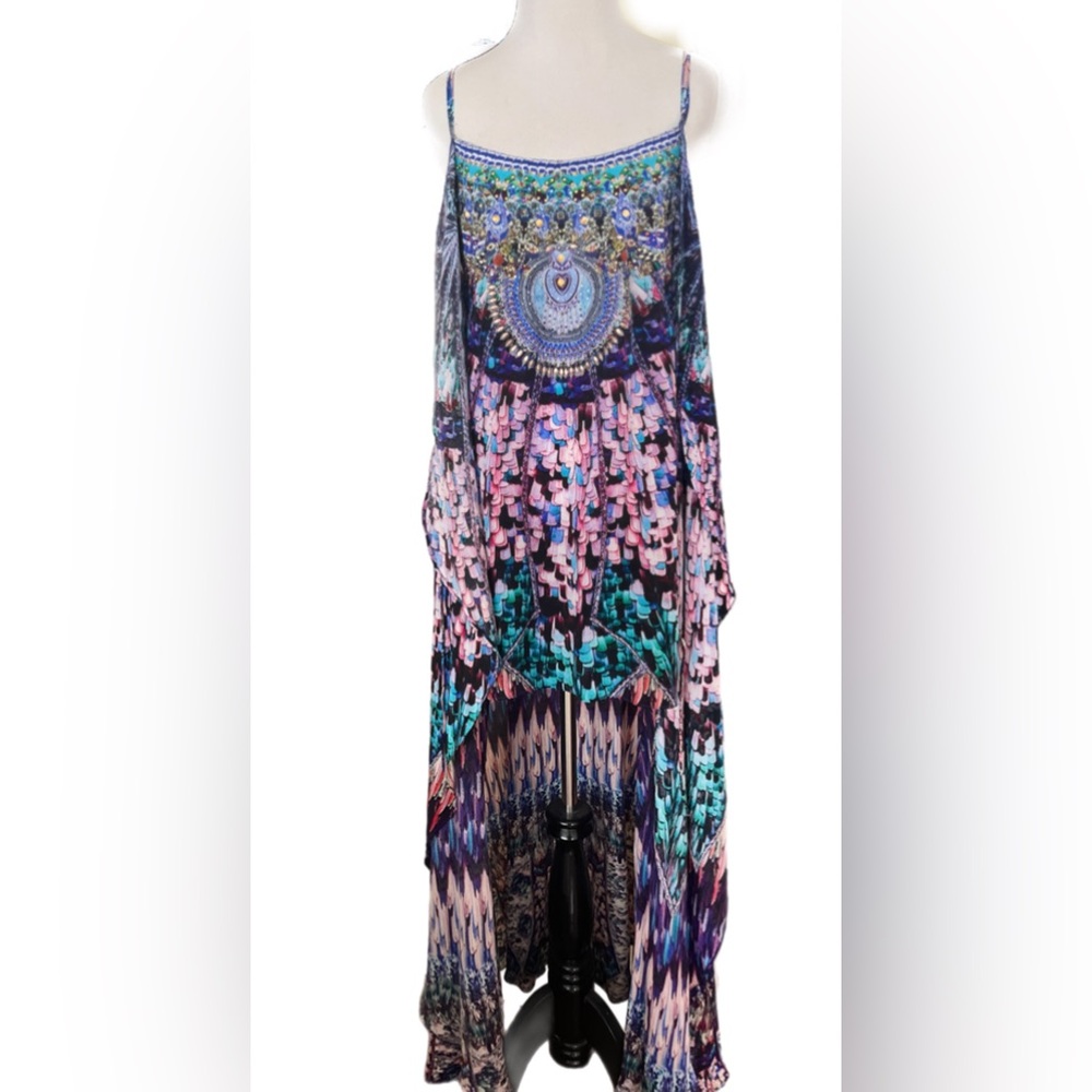 Camilla Maxi Dress Mini w/ Long Over Layer Tie Front Hi-Lo Sparkled Mixed Print - Picture 8 of 13